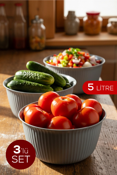 Vienev 3'lü 5 Litre Plastik Karıştırma ve Saklama Kase Seti Gri