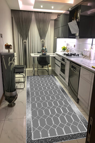 CENTER AVM Gri Halı Mutfak Halısı Makinede Yıkanabilir Halı Kaymaz Taban Halı