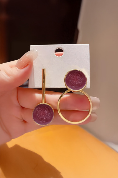 Glaren Bordo Mineli Asimetrik Daire Altın Renk Kadın Küpe