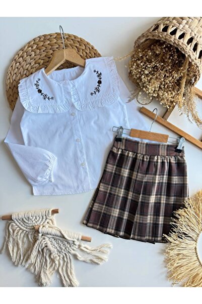 sobekidstore Girls' Plaid Skirt and Poplin Shirt Set for Holidays