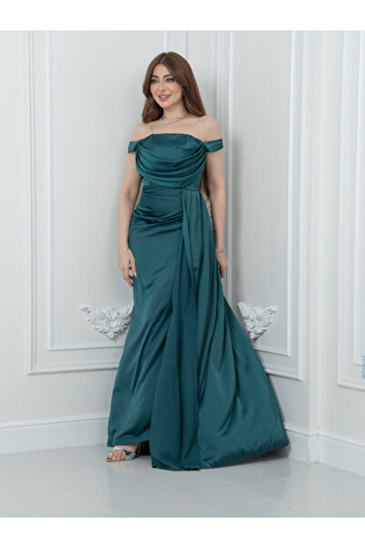 TREN Elegant Green Satin Evening Dress Off-Shoulder Formal Gown with Side Tra...