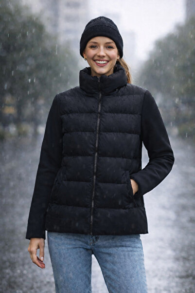 Bold Icon Women's Hooded Scuba Paneled Micro Fabric Inflatable Coat