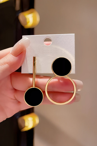 Glaren Siyah Mineli Asimetrik Daire Altın Renk Kadın Küpe