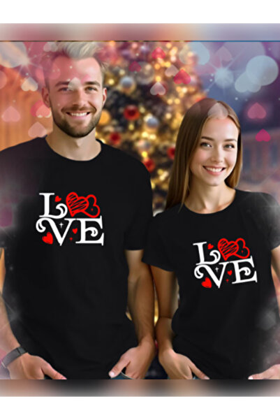 TİMİSİVA Unisex Oversized Pair Love B Printed Crew Neck Short Sleeve Black T-...