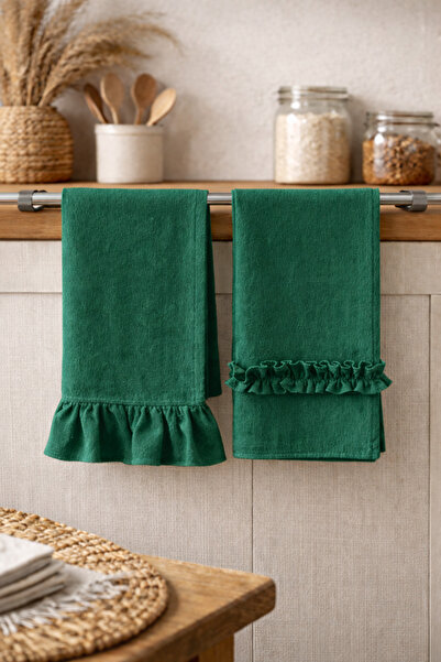 Mirilliahome مجموعة مناشف المطبخ ذات الكشكشة الكتانية الخضراء مكونة من قطعتين...