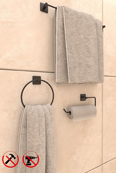 vixena Siyah Yapışkanlı Banyo Seti Uzun Havluluk Yuvarlak Havluluk Solo Peçet...