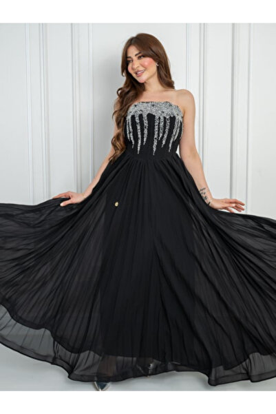 TREN Elegant Black Chiffon Evening Gown with Silver Beaded Bodice Strapless F...