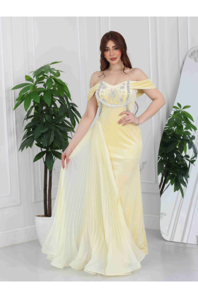 TREN Elegant Yellow Off-Shoulder Evening Gown with Pearl Crystal Embellished ...