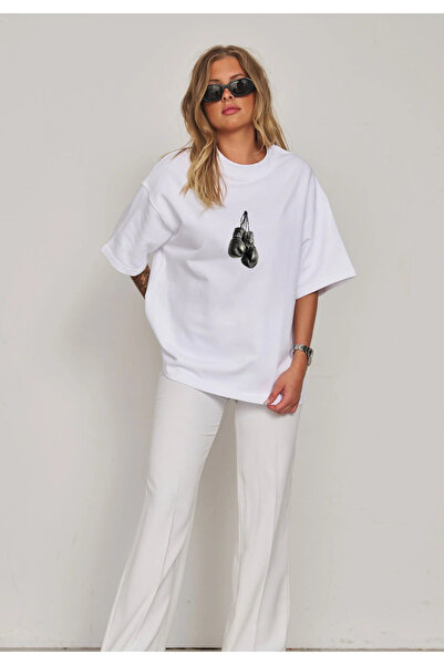 Arz giyim Tricou alb cu imprimeu cu mănuși de box, croială normală