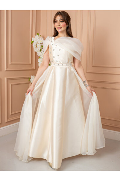 TREN Elegant Ivory Taffeta Evening Gown with Organza Cape and Hand Embroidery...