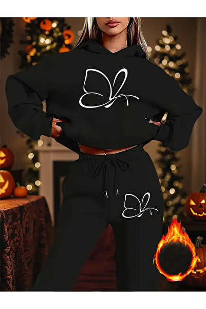 GHZAL Home Collection Kelebek Printed Tracksuit Hooded Sweatshirt Bottom-Top Set