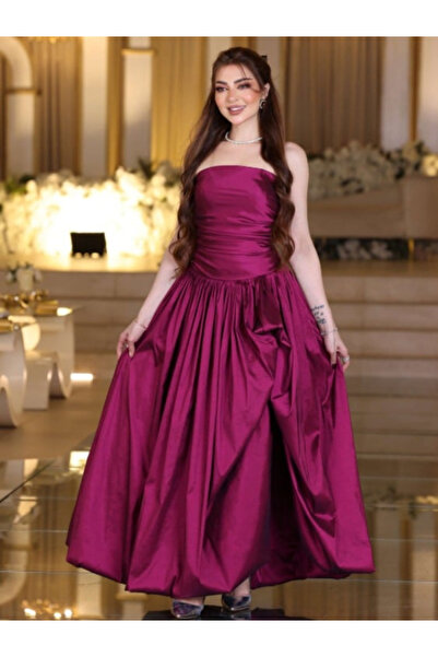 TREN Elegant Purple Gazar Evening Gown with Strapless Bodice, Flared Skirt an...