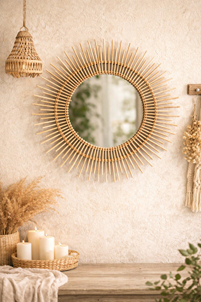 REMO Çiçek Bambu Ahşap Ayna 50 cm Dıvar Aynası Konsol Çocuk Odası Antre Konso...