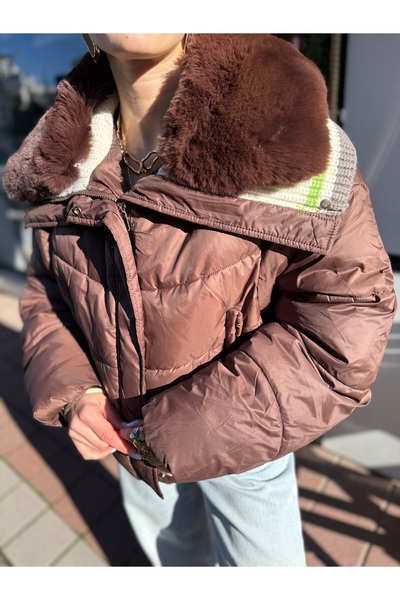 GÜLCİCİ Yakası triko ve kürk detaylı şişme mont