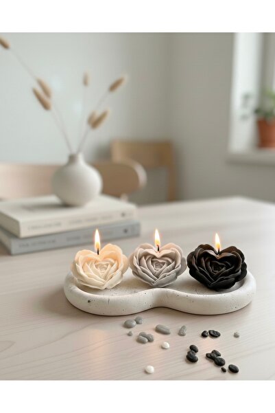 Handmade Kalp Şekilli 3’lü Gül Mum + Sunumluk Seti