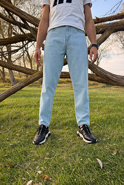 Patch & Loom بنطلون جينز رجالي بقصة بوي فريند، لون أزرق فاتح، ساق مستقيمة