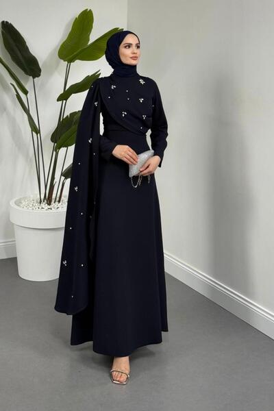 MERVEN AKYÜZ Elysia Pelerinli Taşlı Abiye Lacivert