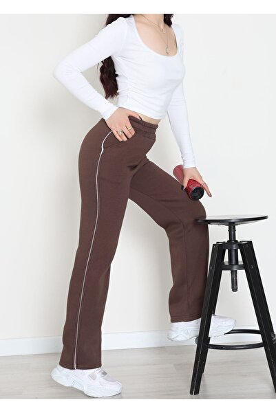 f.kereci 3 Iplik مبطن بالصوف حواف أسطوانية بنطال رياضي بالازو – بني مرير (مع ...