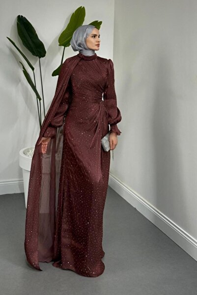 MERVEN AKYÜZ Lunara Taşlı Janjan Kumaş Abiye Gül Kurusu