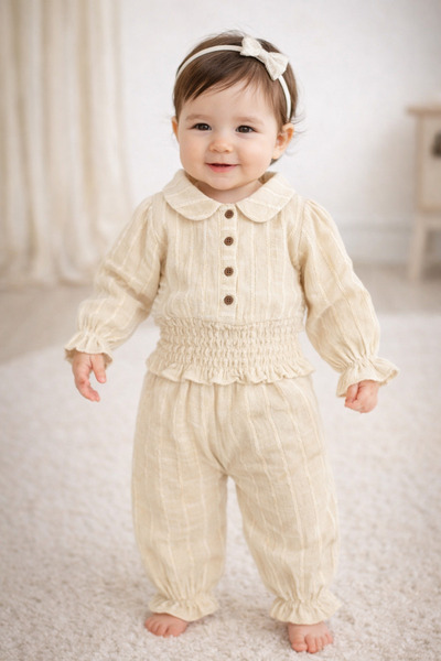 Babyhola Muslin Baby Girl Gipe Detailed Blouse and Ruffled Trousers Two-Piece...