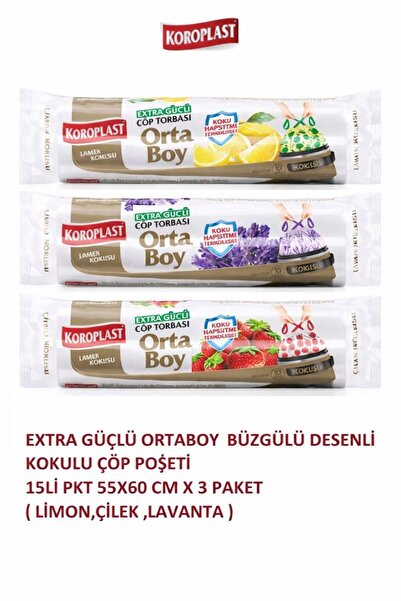 Koroplast Ekstra Güçlü Orta Boy Büzgülü Desenli Kokulu Çöp Poşeti 15'Li 55x60...