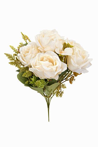 OEM Artificial bouquet of 5 roses and delicate cream camellia, decorative bud...