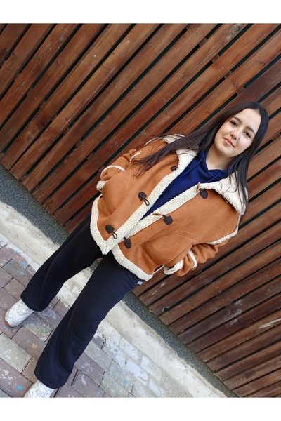 Masal Taba Nubuk içi Kürk Düğmeli Kısa Mont Kaban