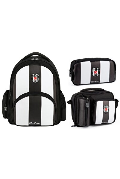 Beşiktaş Black and White Line Patterned School Bag Set - Setme25356A