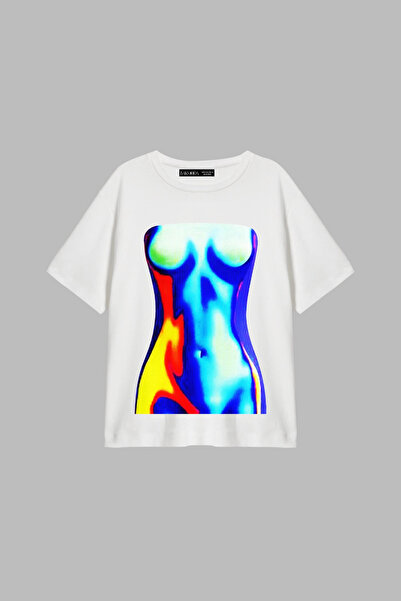 Bak Moda Blue Silhouette Printed Relaxed Fit White Women's Tshirt