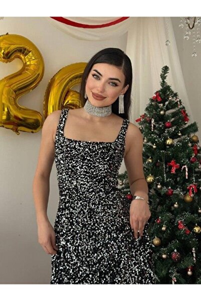 Nils Kids Butik Pul Payetli Kare Yaka Uzun Abiye Elbise - Işıltılı Davet Elbi...