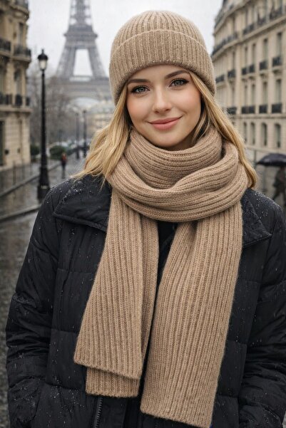 MARBERRY Beige Lux Wool Corded Fabric Knitted Scarf and Beanie Set of 2 45X21...