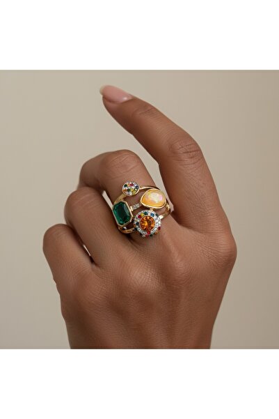 COCOSH TAKI Adjustable Stylish Ring with Green Orange Stone