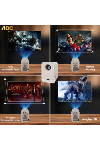 Aoc 1080P Sealed Projector | 12000LM 300ANSI | WiFi6 BT5.0 | Android12 | Auto Focus | 250" Screen