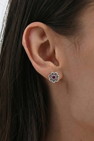 Söğütlü Silver 925 Ayar Gümüş Küpe Oksitli Telkari İşlemeli Fuşya Taşlı Papat...