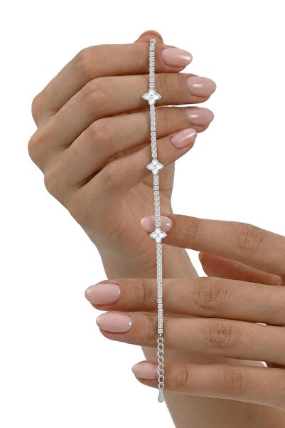 Söğütlü Silver 925 Ayar Gümüş Bileklik Beyaz Taşlı Tria Yonca Figürlü Su Yolu...