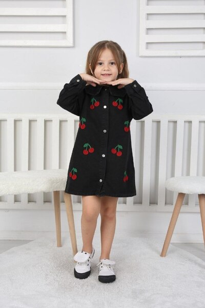 Butik Kız Çocuk Siyah Kiraz Desenli Düğmeli Günlük Elbise