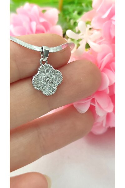 DİAVENTA TAKI VE AKSESUAR 316L Steel Zircon Stone Clover Model Silver Steel T...