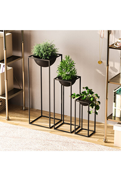MOİRA Dekoratif Siyah,Metal Saksılık 3'lü Set Modern Ayaklı Siyah Çiçeklik Mu...