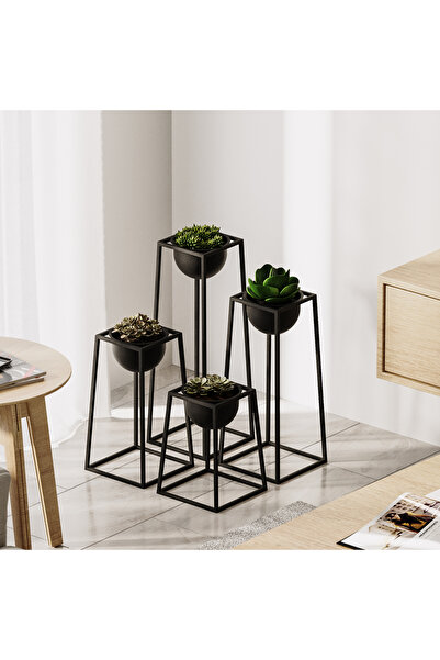 MOİRA Dekoratif Siyah,Metal Saksılık 4'lü Set Modern Ayaklı Siyah Çiçeklik Mu...