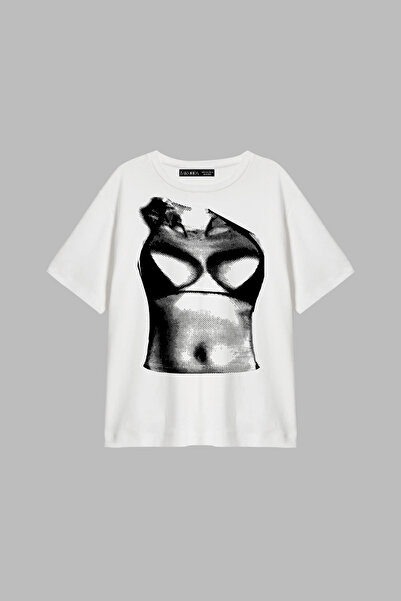 Bak Moda Noise Silhouette Printed Relaxed Fit White Women's Tshirt