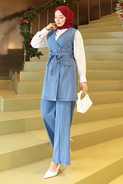 Missvalle Belt Detailed Double Denim Suit Light Blue 19232