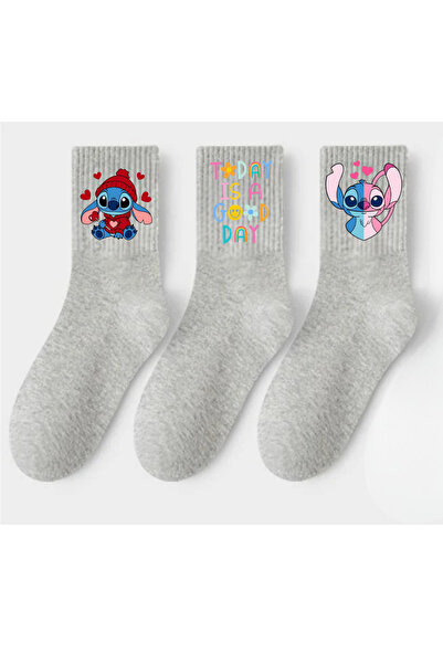 Tubinyoo Stitch - Love - Cupcake - Mixed Patterns Printed Gray School Socks (...
