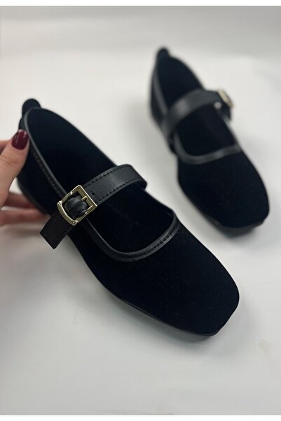 Nstil Pantofi de zi cu zi pentru femei, din piele intoarsa neagra, cu banda d...