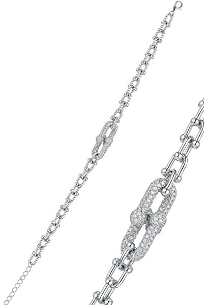 Söğütlü Silver 925 Ayar Gümüş Bileklik Rodyumlu Zirkon Taşlı Trend U Model Zi...