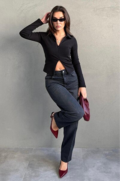 Madmext Антрацит 100% памук Дамски дънки с широки крачоли MG2623