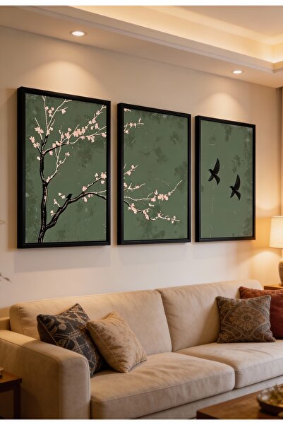 bestablo Çerçeveli Ahşap Tablo 3’lü Set | Yeşil Zemin Çiçekli Dal ve Kuş Dese...
