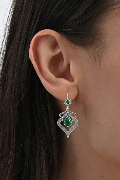 Söğütlü Silver 925 Ayar Gümüş Küpe Yeşil Taşlı Oksitli Otantik Sallantılı Tel...