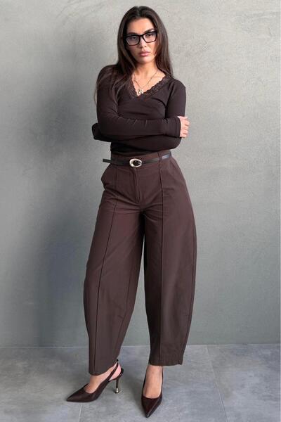 Madmext Pantaloni maro moderni cu croială curele și talie înaltă picioare largi din material textil MG2618