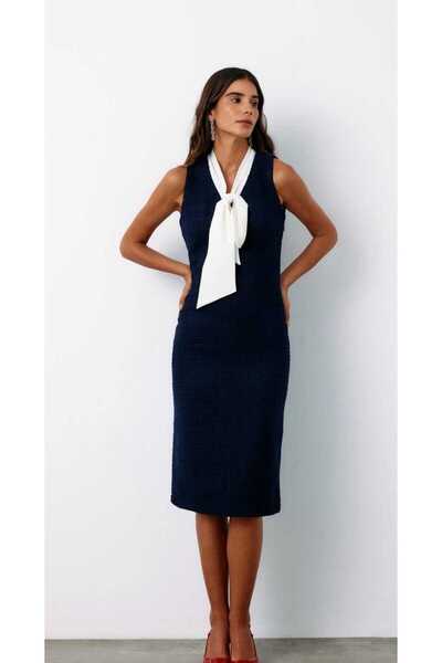 Sateen KADIN FULAR DETAYLI LACİVERT TÜVİT DOKUMA KOLSUZ ELBİSE