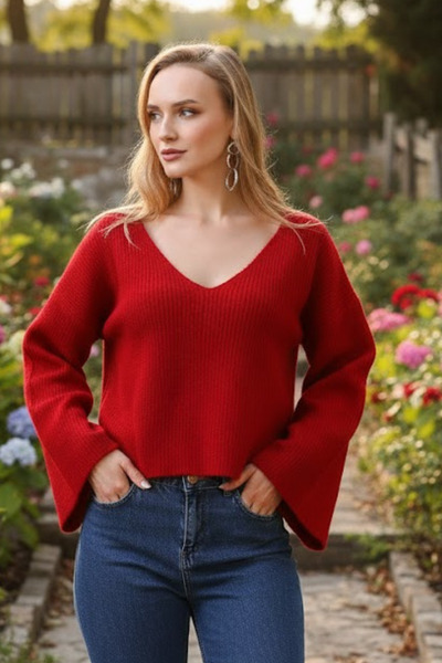 Marvine Women's Red V-Neck Oversized Spanish Knitwear Sweater